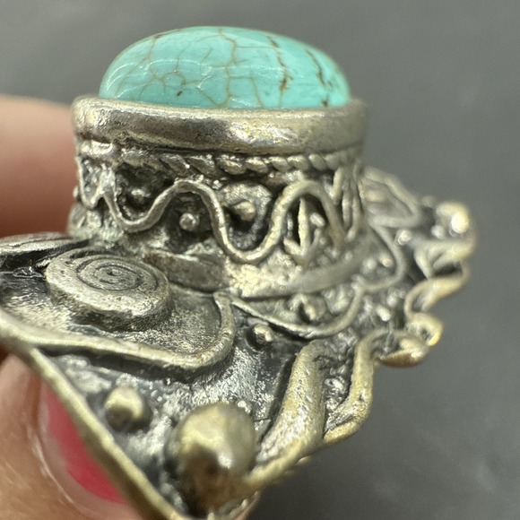 Vintage Turquoise Silver Tone Stretch Ring Big Comfortable Ring - Picture 13 of 16